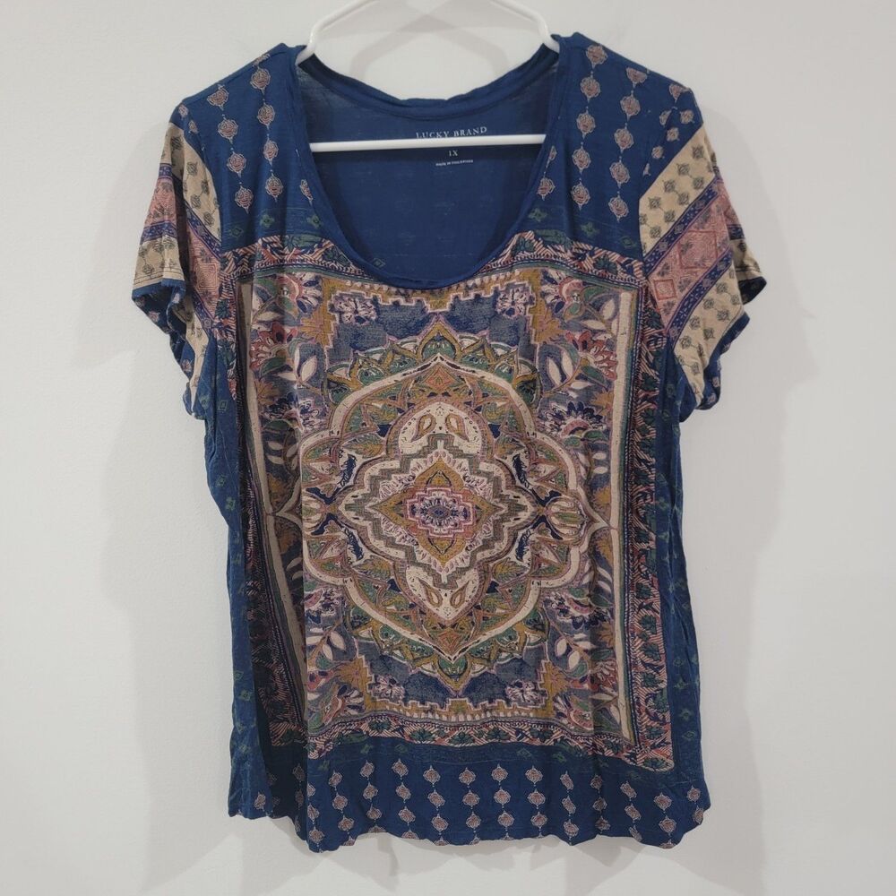 Lucky Brand Navy Multi-Color Medallion Scoop Neck Top
